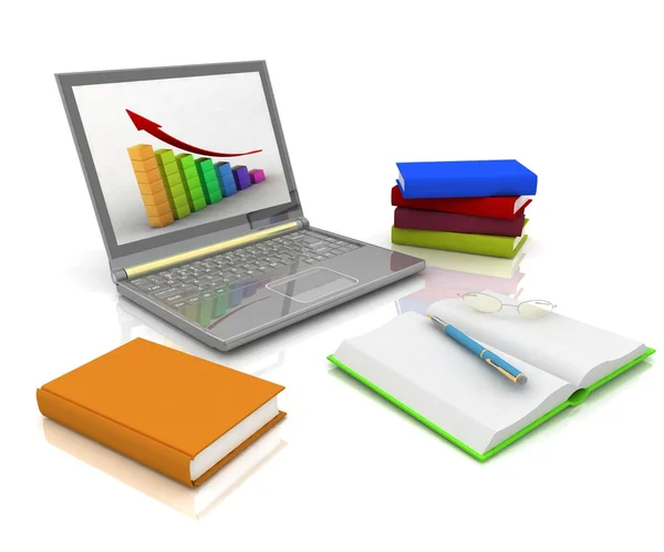 Laptop, livros e outros instrumentos para trabalhos de escritório — Fotografia de Stock