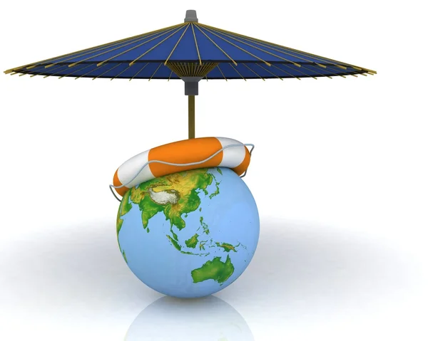 Globe, paraply och livboj — Stockfoto