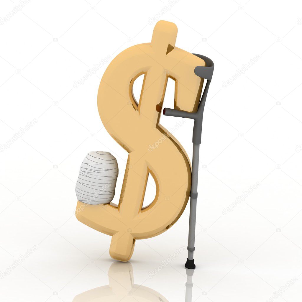 Sign of dollar, supported by a crutch
