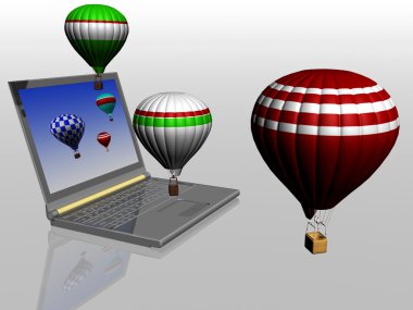 Hot air balloons take off from the screen of laptop clipart