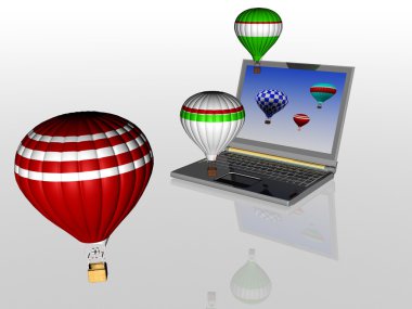 Hot air balloons take off from the screen of laptop clipart