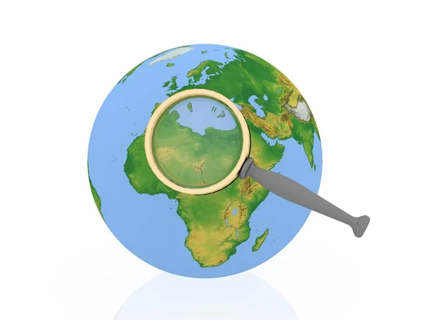 3d illustration of blue earth globe with magnify glass — Stock Photo, Image