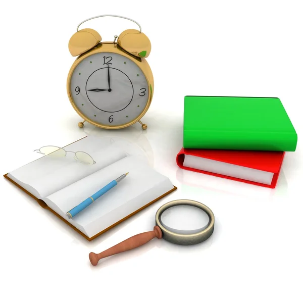 Books with a clock and glasses — Stock Photo, Image
