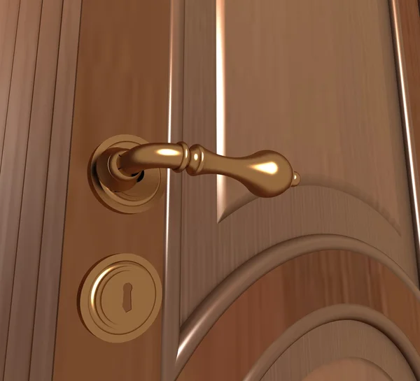 stock image Beautiful metal handle and keyhole on a wooden door