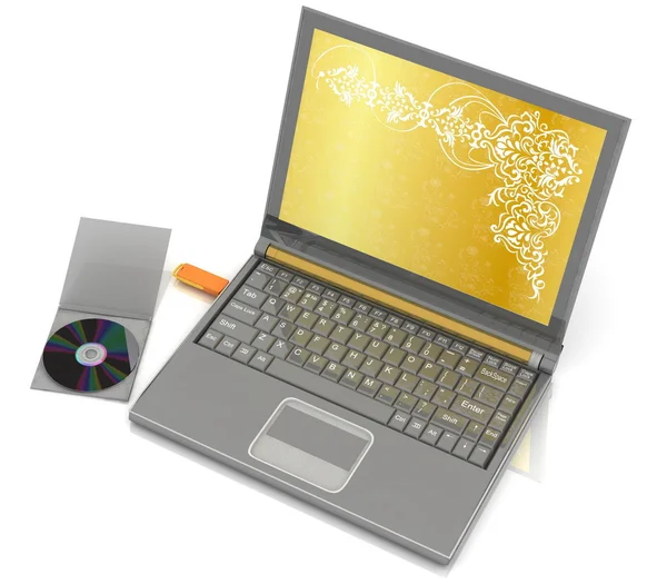 CD se encuentra junto a un portátil en el que la unidad flash insertada — Foto de Stock