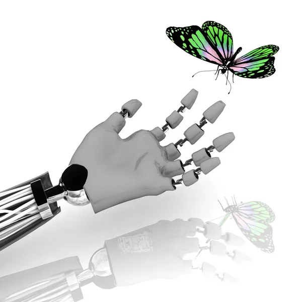 A borboleta em uma mão do robô — Fotografia de Stock