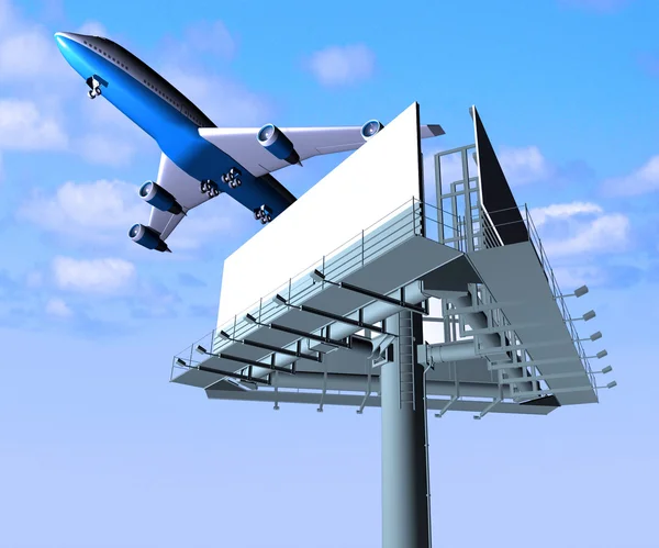 Vliegtuig en billboard op een hemel achtergrond — Stockfoto
