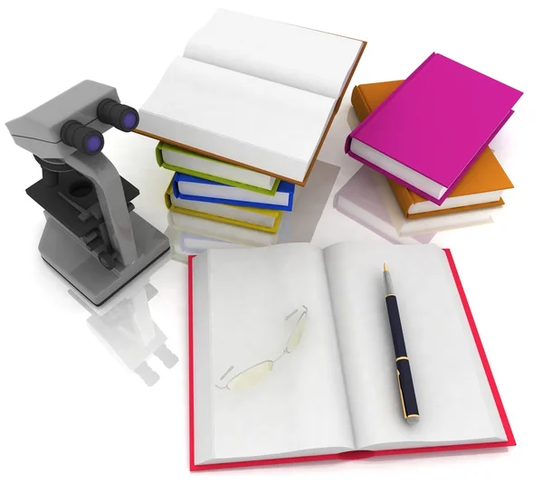 Книги з мікроскопом і окулярами на білому тлі — стокове фото