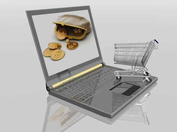 Carrinho de compras e laptop isolado — Fotografia de Stock