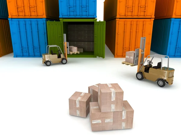 Beladung der Kisten in einem Container auf weißem Hintergrund — Stockfoto