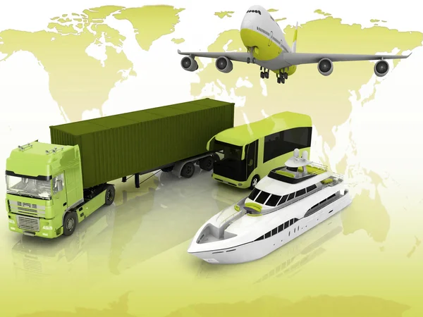 Types of transport on a background map of the world — Stock Photo, Image