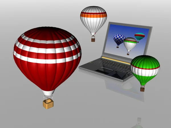 Αερόστατα απογειώνονται από την οθόνη του φορητού υπολογιστή. 3d γραφήματα της ενότητας και ου — Φωτογραφία Αρχείου