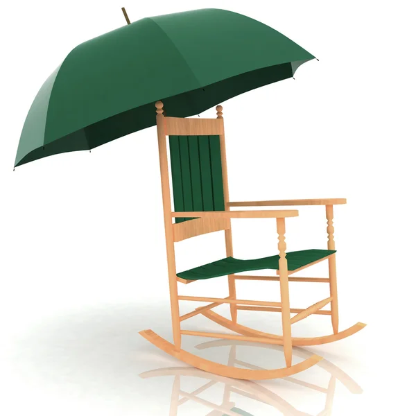 Beyaz arka plan üzerinde izole bir şemsiye ile eski sallanan sandalye — Stok fotoğraf