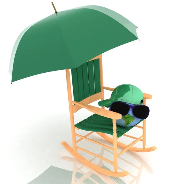 Il globo è in occhiali scuri sotto un ombrello su una sedia a dondolo — Foto Stock