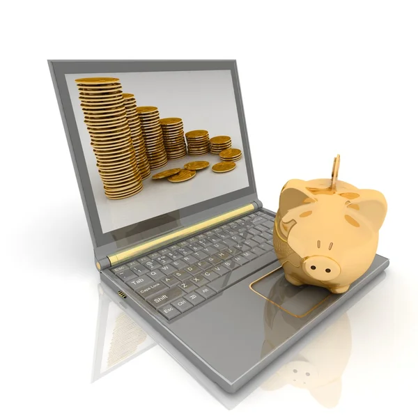 Salvadanaio oro e laptop — Foto Stock