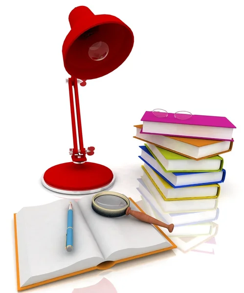 Livros com uma lâmpada e óculos sobre fundo branco — Fotografia de Stock