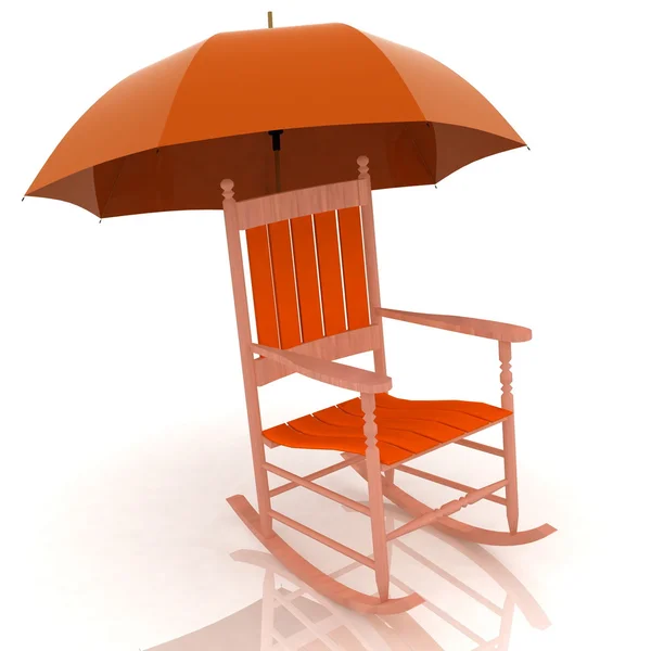 Cadeira de balanço velha com um guarda-chuva isolado no fundo branco — Fotografia de Stock