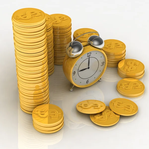 Zeit ist Geld mit Uhr und Münzen — Stockfoto