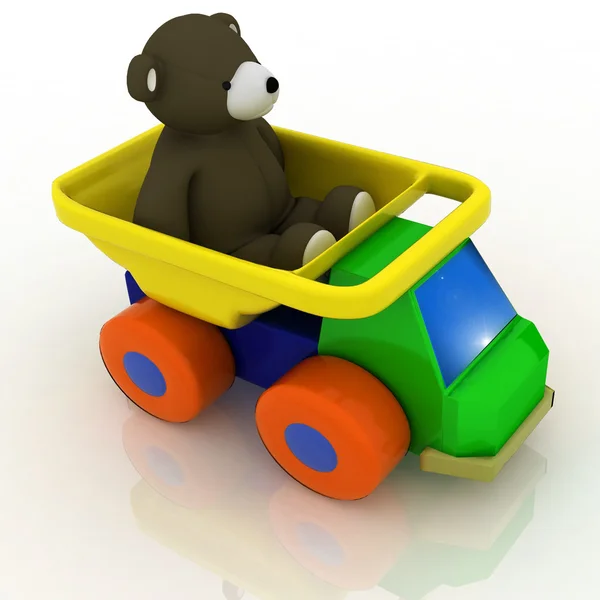 Spielzeugauto mit einem Teddybär im Rücken — Stockfoto