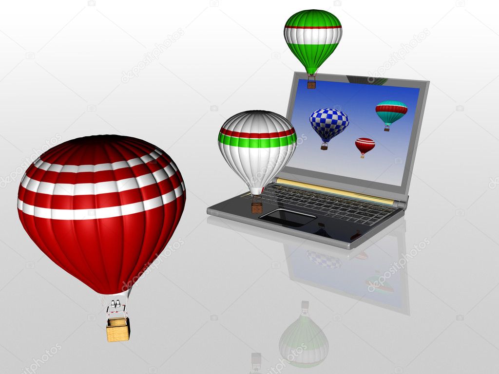 Hot air balloons take off from the screen of laptop