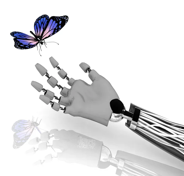 stock image The butterfly on a hand of the robot