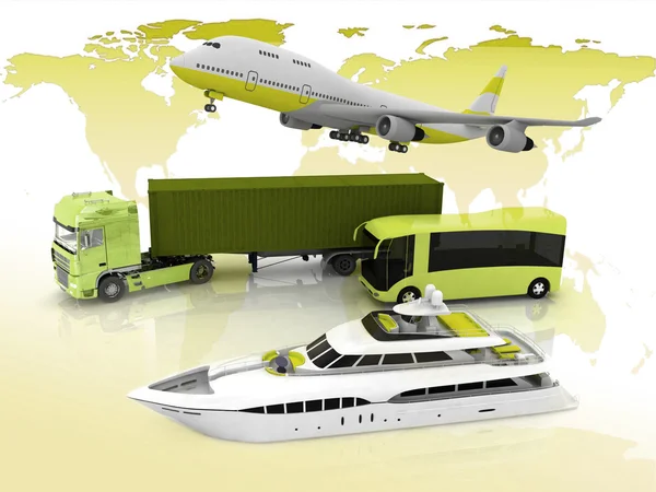 Types of transport on a background map of the world — Stock Photo, Image