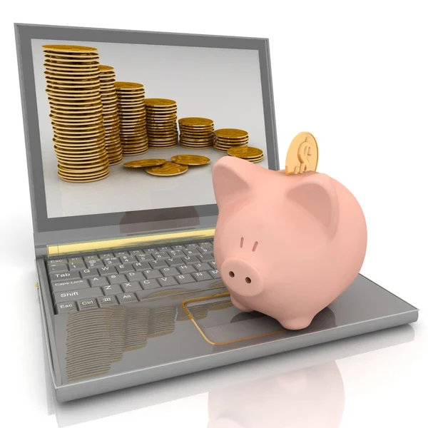 Piggy bank és laptop — Stock Fotó