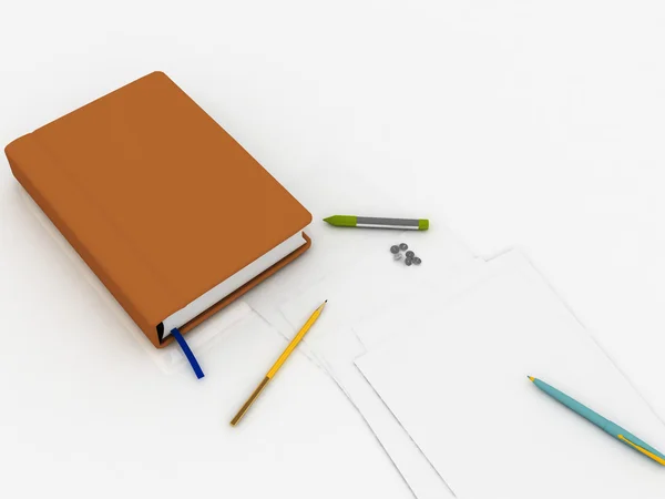 Notebook z napisał tematyki i papieru — Zdjęcie stockowe