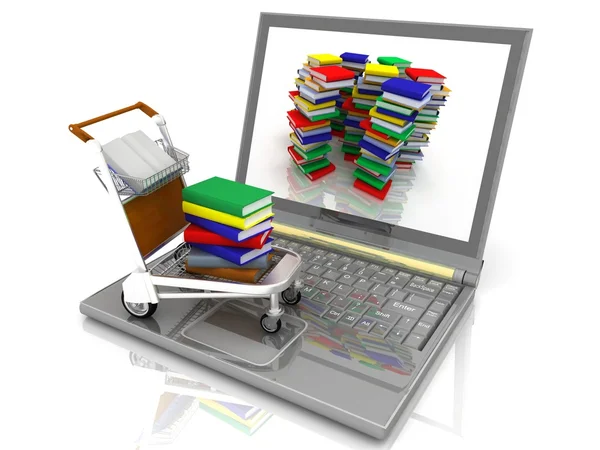 Laptop en lättare vagn lastad med böcker — Stockfoto