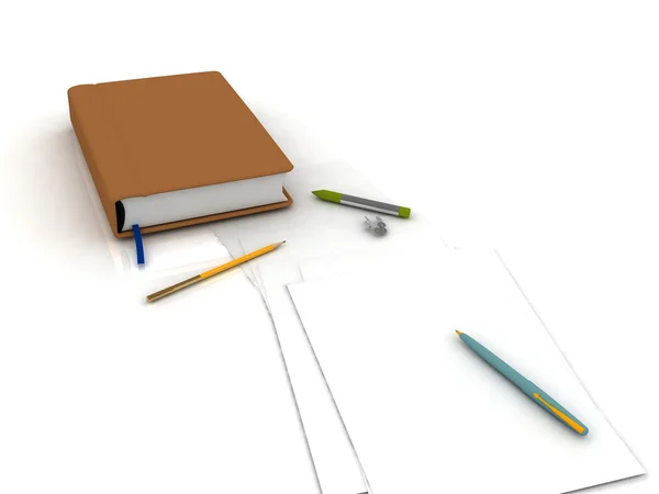 Notebook z napisał tematyki i papieru — Zdjęcie stockowe
