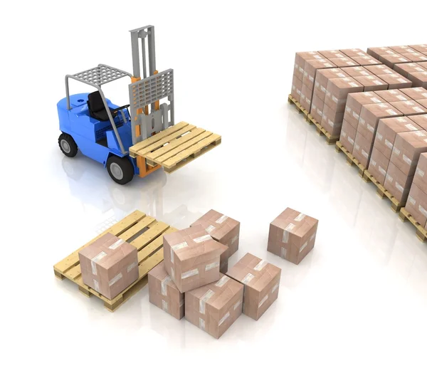 3d render. Loader before the rows of boxes — Stock Photo, Image