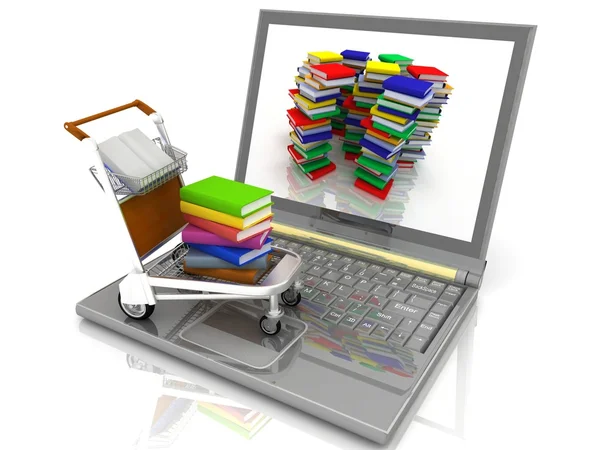 Laptop mit dem mit Büchern beladenen Einkaufswagen — Stockfoto