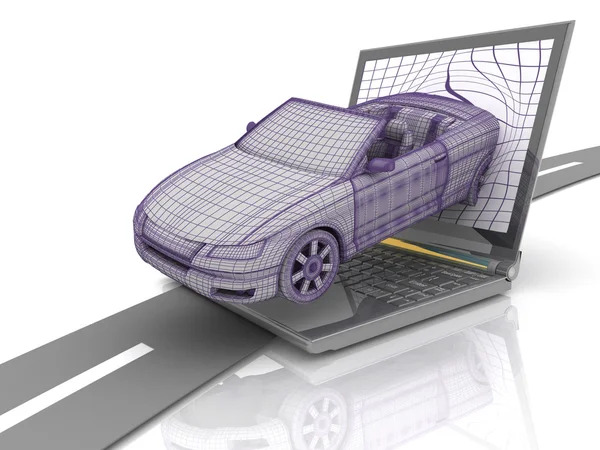 Modell autó lezuhan a laptopot, az úton — Stock Fotó