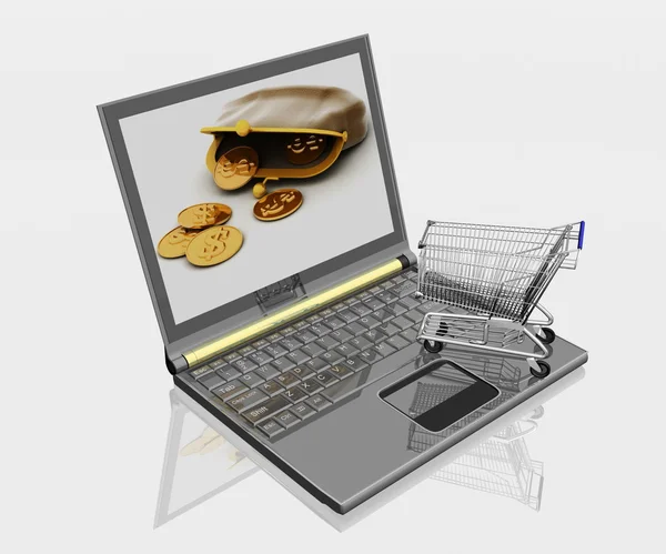 Einkaufswagen und Laptop isoliert — Stockfoto