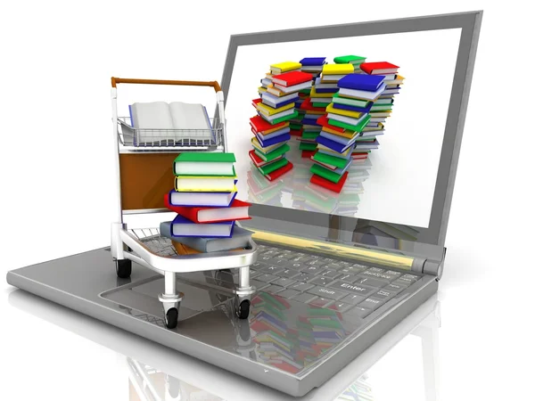 Laptop mit dem mit Büchern beladenen Einkaufswagen — Stockfoto