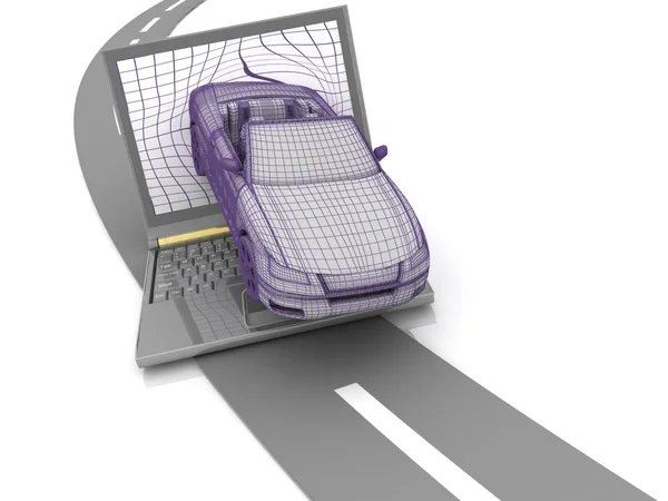 Модель автокатастрофы с ноутбука на дороге — стоковое фото