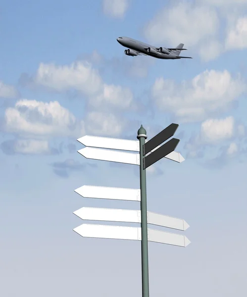 Guide sign and plane on a background of blue sky — Stock Photo, Image
