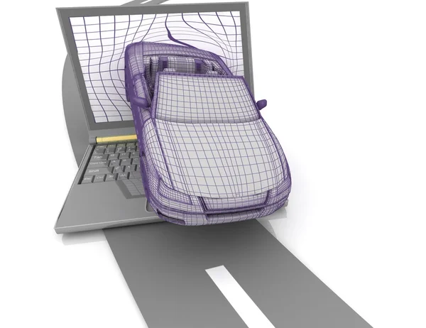 Абстрактная фотография автомобиля, выходящего из-под экрана ноутбука — стоковое фото