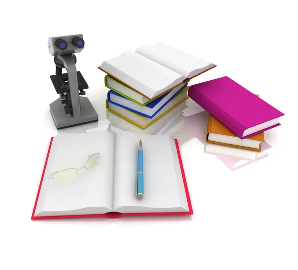 stock image Books with a microscope and glasses on white background