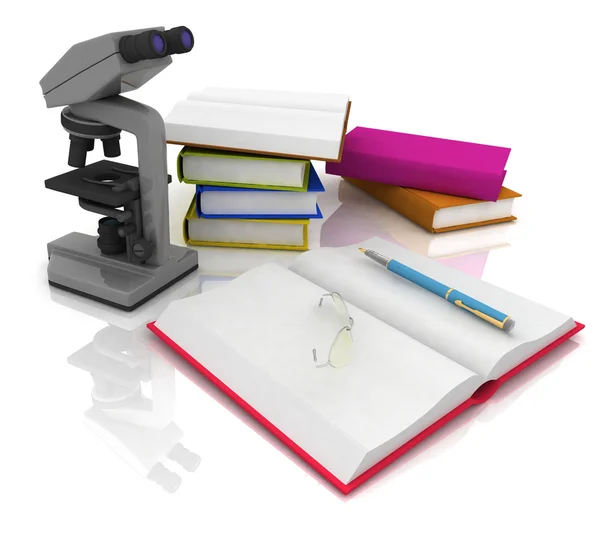 Bücher mit Mikroskop und Brille auf weißem Hintergrund — Stockfoto