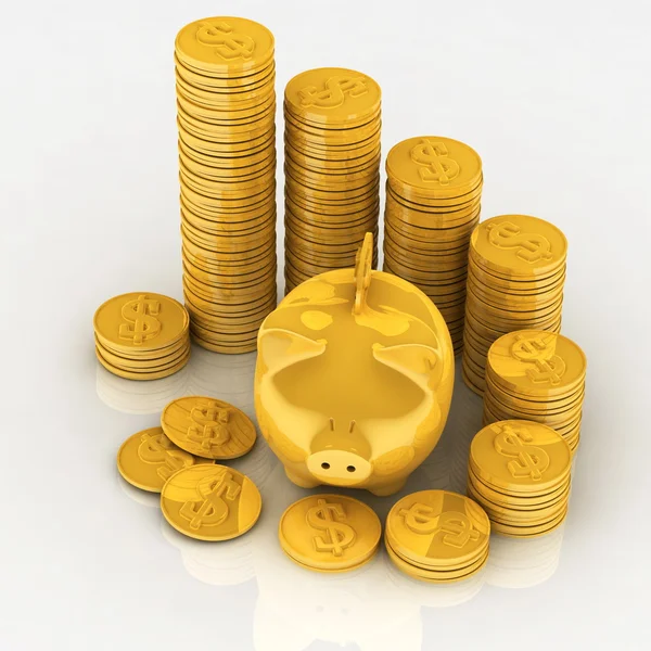 Chinks de ouro com banco porquinho — Fotografia de Stock