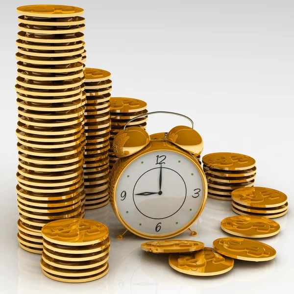 Time is money concept with clock and coins — Stock Photo, Image