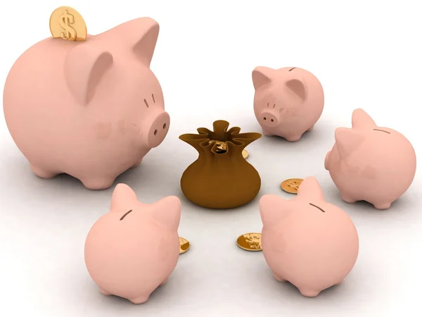 Large and little piggy banks look at bag with money — Stock Photo, Image