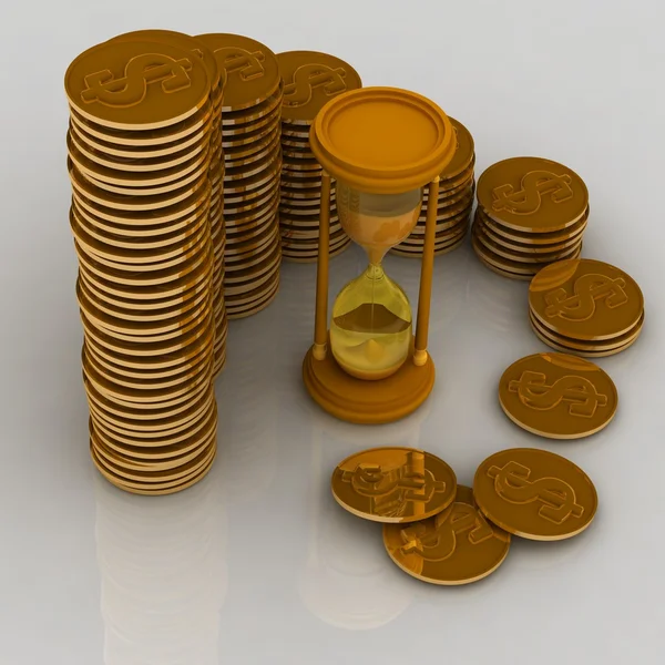 Přesýpací hodiny a mince — Stock fotografie