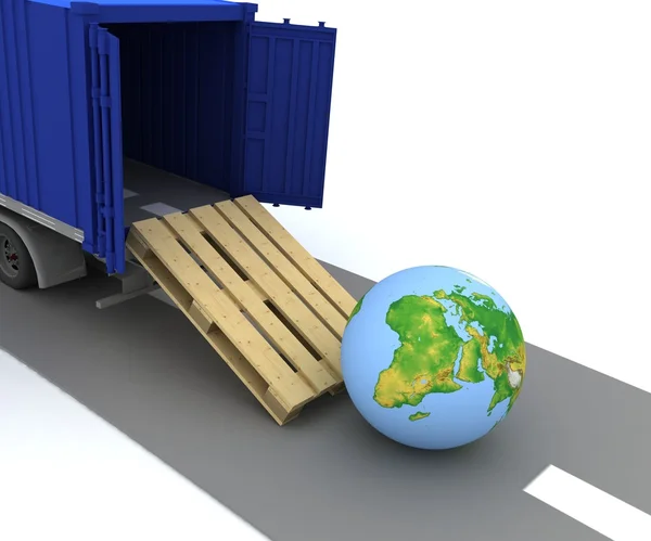 Container met open deuren en een globe — Stockfoto