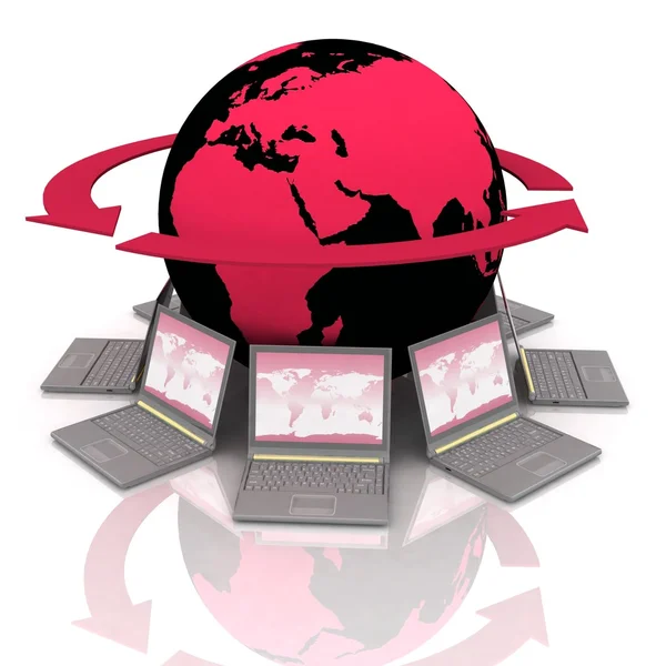 :laptops ronde een globe — Stockfoto