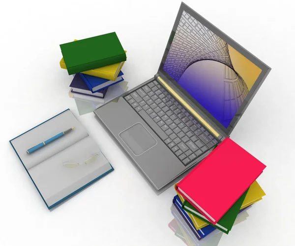 Laptop, könyvek és más eszközök irodai munka — Stock Fotó