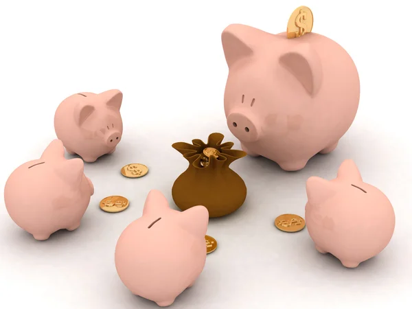 Büyük ve küçük domuzcuk bankalar parayı çantaya bakar — Stok fotoğraf