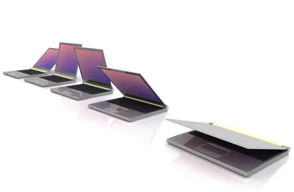 Curved lineup of laptops next to each other — Stock Photo, Image