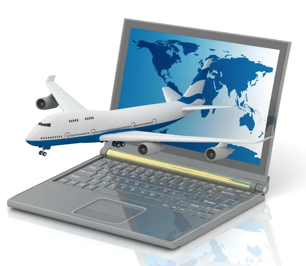 Het vliegtuig opstijgt uit de laptop monitor — Stockfoto